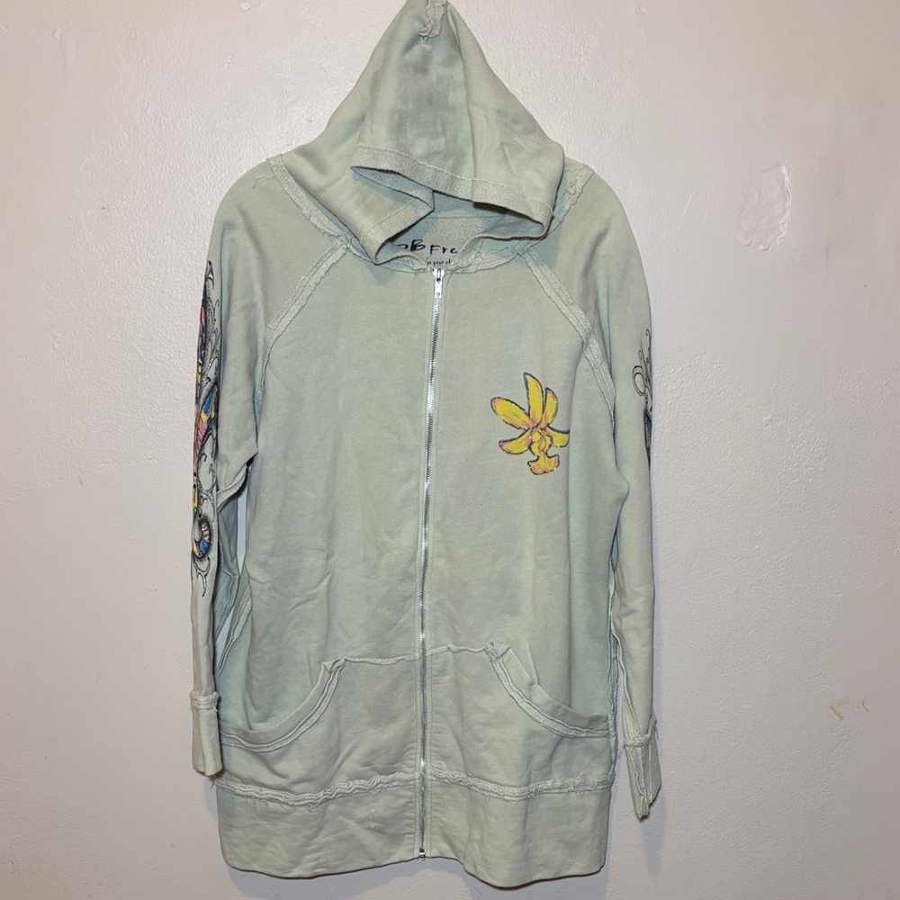 Light Sage Hooded Zip Bomber Jacket with Yellow Floral Accent